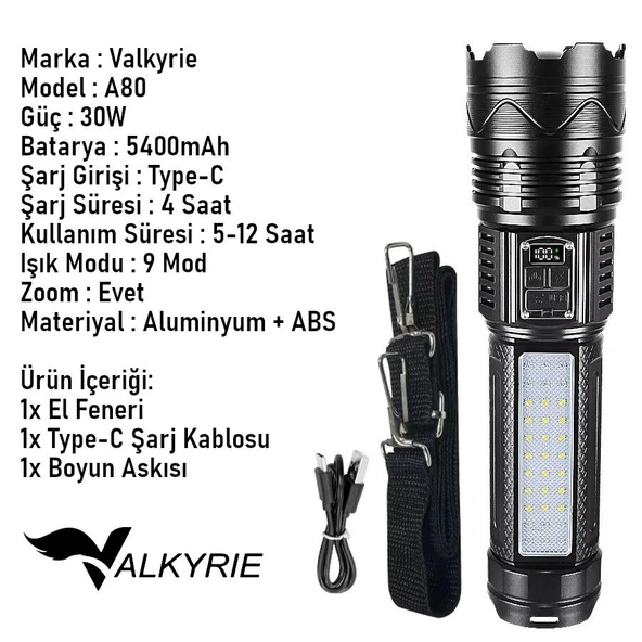 Valkyrie Şarjlı El Feneri 5400mAh 30W 9 Mod Powerbank Özellikli 6KM Aydınlatma - 5