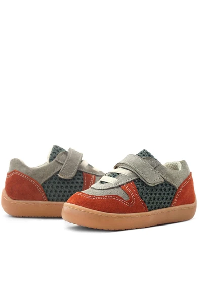 Rakerplus Bob Hakiki Deri Gri Yeşil Barefoot Cırtlı Lastikli Bebek Sneaker Ayakkabı - Resim 8