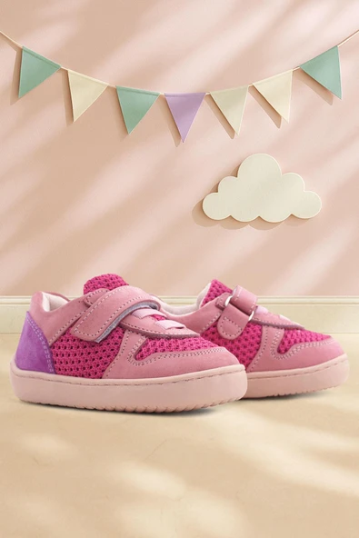 Rakerplus Bob Hakiki Deri Pembe Mor Barefoot Cırtlı Lastikli Bebek Sneaker Ayakkabı ürün görseli