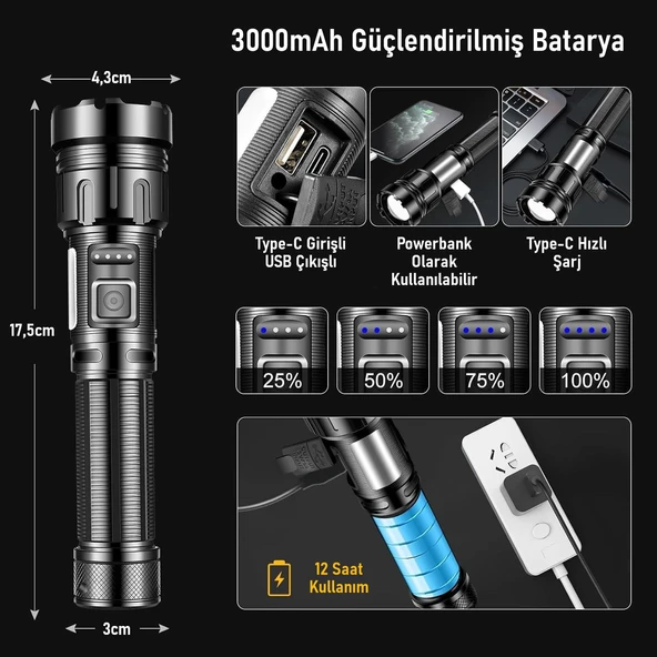 Valkyrie 15W LED + UV El Feneri 3000mAh Şarjlı 9 Mod Zoom Powerbank Özellikli Suya Dayanıklı Fener - Resim 5