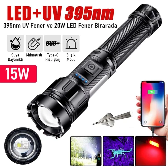 Valkyrie 15W LED + UV El Feneri 3000mAh Şarjlı 9 Mod Zoom Powerbank Özellikli Suya Dayanıklı Fener ürün görseli