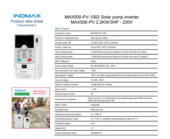 İnomax 2.2 kW 3 HP Monofaze Solar Pompa Sürücü İnverteri (3x220V) - Resim 2