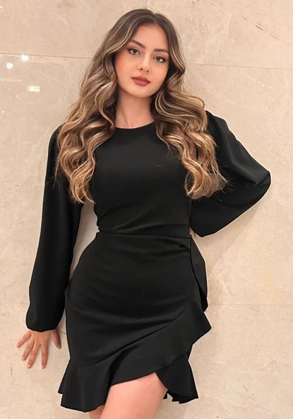 Kadın Uzun Kollu Bisiklet Yaka önden Volanlı Ithal Krep Elbise - Resim 2