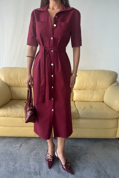 TENCEL ÖNDEN DÜĞMELİ KISA KOL ELBİSE - Bordo - Resim 2