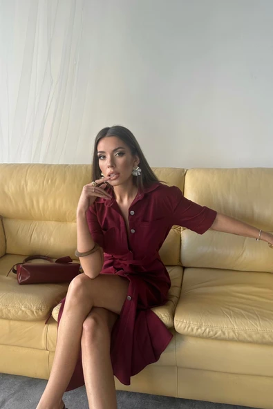 TENCEL ÖNDEN DÜĞMELİ KISA KOL ELBİSE - Bordo - Resim 3