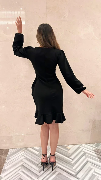 Kadın Uzun Kollu Bisiklet Yaka önden Volanlı Ithal Krep Elbise - Resim 3