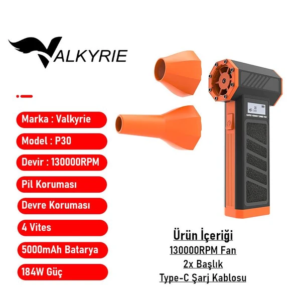Valkyrie Şarjlı Elektrikli Hava Üfleyici 184W Güçlü Toz Temizleyici 4 Kademeli Hız Şarjlı - 7