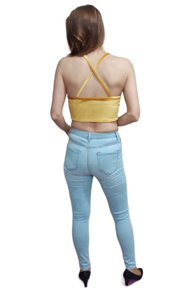 Hardal Renk Kadife Asimetrik Kesim Çapraz Askılı Crop - 3