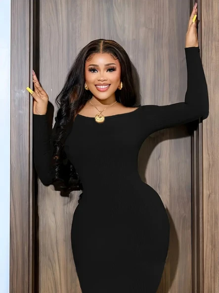 Kadın Uzun Kollu Hafif Kayık Yaka Sırt Dekoltelielbise - Resim 5