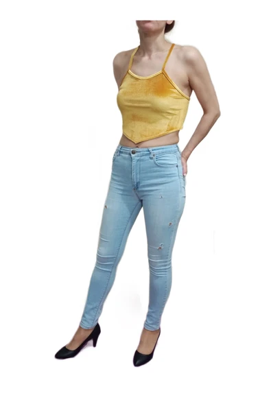 Hardal Renk Kadife Asimetrik Kesim Çapraz Askılı Crop - 2