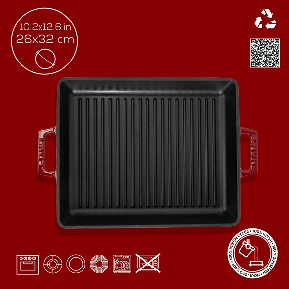 Lava Döküm Dikdörtgen Izgara Tavası Döküm Demir Yekpare Çift Kulplu Ölçü 26x32cm.-Bordo - Resim 4