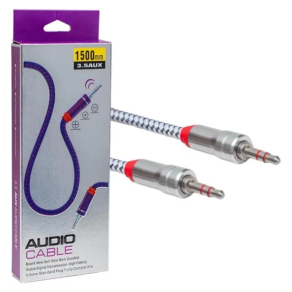 Powermaster PM-2418 Metal Başlıklı Örgülü Erkek - Erkek 1.5 Metre Stereo Aux Kablo - 2