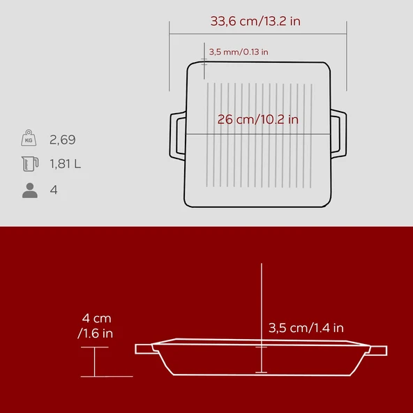 Lava Döküm Kare Izgara Tavası Döküm Demir Yekpare Çift Kulplu Ölçü 26x26cm.-Bordo - Resim 5