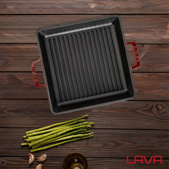 Lava Döküm Kare Izgara Tavası Döküm Demir Yekpare Çift Kulplu Ölçü 26x26cm.-Bordo - Resim 7