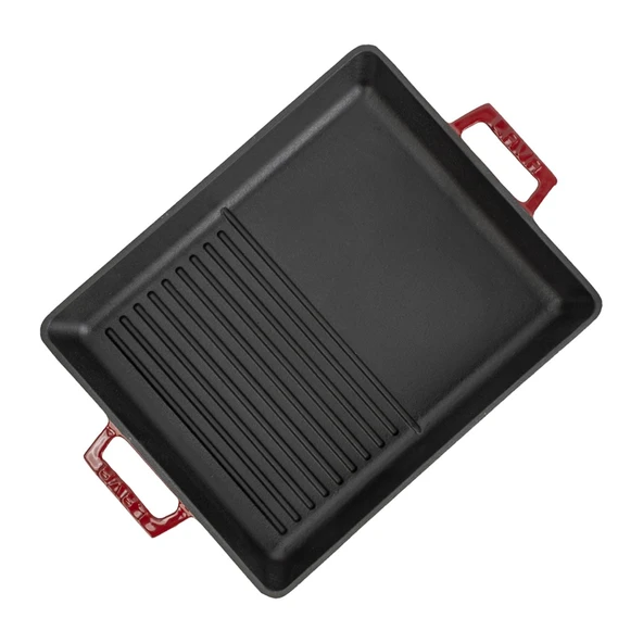 Lava Döküm Dikdörtgen Hibrit Izgara Tavası Döküm Demir Yekpare Çift Kulplu Ölçü 26x32cm.-Bordo - Resim 3