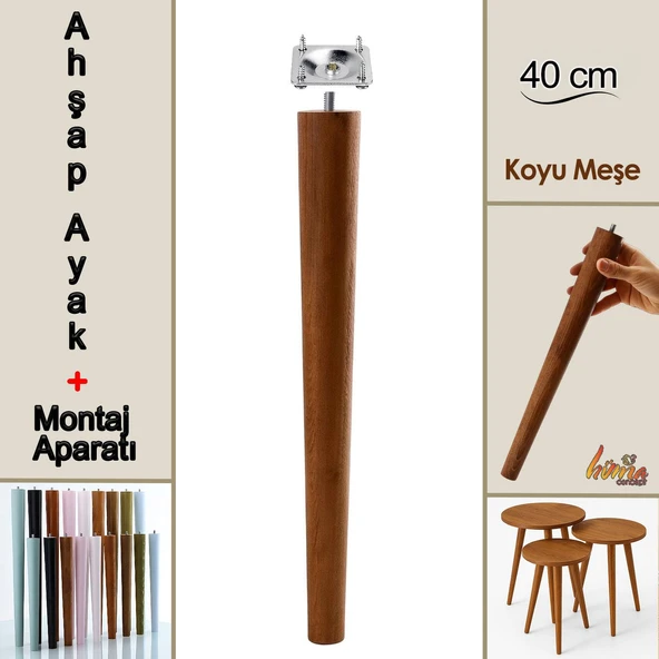 Ahşap Ayak 40 Cm Koyu Meşe M8 Civatalı Bağlantı Aparatlı Mobilya Tabure Sehpa Masa Destek Ayağı ürün görseli 1