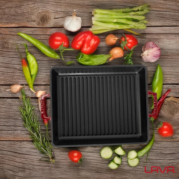 Lava Döküm Dikdörtgen Izgara Tavası Döküm Demir Yekpare Çift Kulplu Ölçü 26x32cm.-Bordo - Resim 7