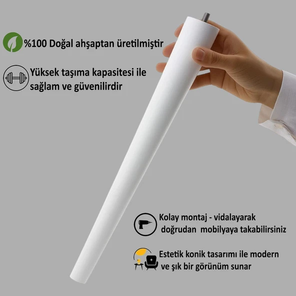 Ahşap Ayak 40 Cm Beyaz M8 Civatalı Bağlantı Aparatlı Mobilya Tabure Sehpa Masa Destek Ayağı - Resim 3