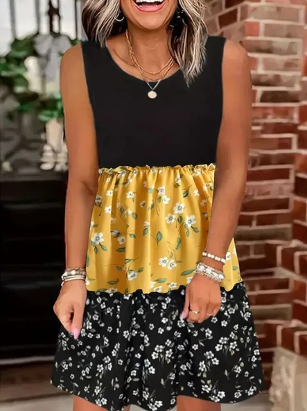 Kadın Askılı Yuvarlak Yaka çiçek Baskılı Salaş Süprem Elbise - Resim 3