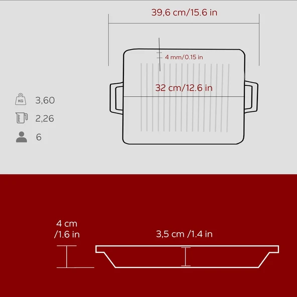Lava Döküm Dikdörtgen Izgara Tavası Döküm Demir Yekpare Çift Kulplu Ölçü 26x32cm.-Bordo - Resim 5