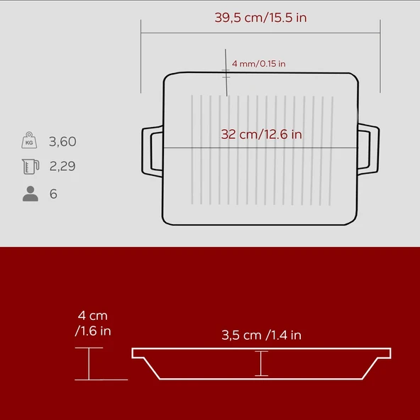 Lava Döküm Dikdörtgen Hibrit Izgara Tavası Döküm Demir Yekpare Çift Kulplu Ölçü 26x32cm.-Bordo - Resim 5