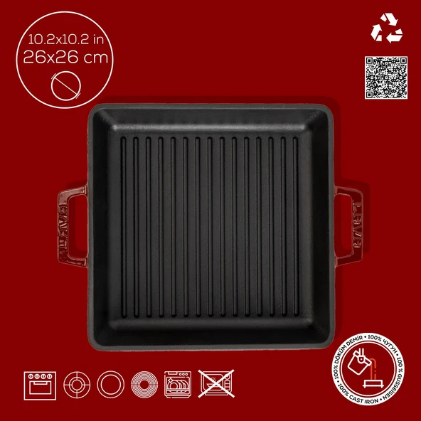 Lava Döküm Kare Izgara Tavası Döküm Demir Yekpare Çift Kulplu Ölçü 26x26cm.-Bordo - Resim 4