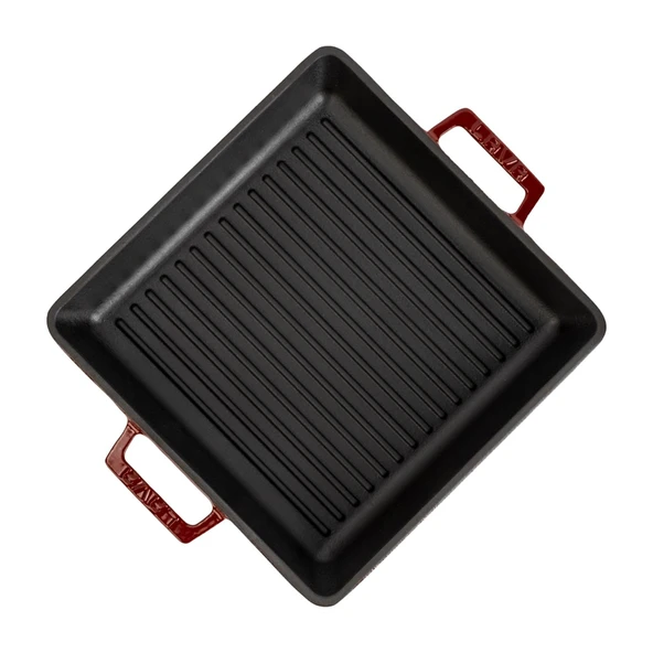 Lava Döküm Kare Izgara Tavası Döküm Demir Yekpare Çift Kulplu Ölçü 26x26cm.-Bordo - Resim 3