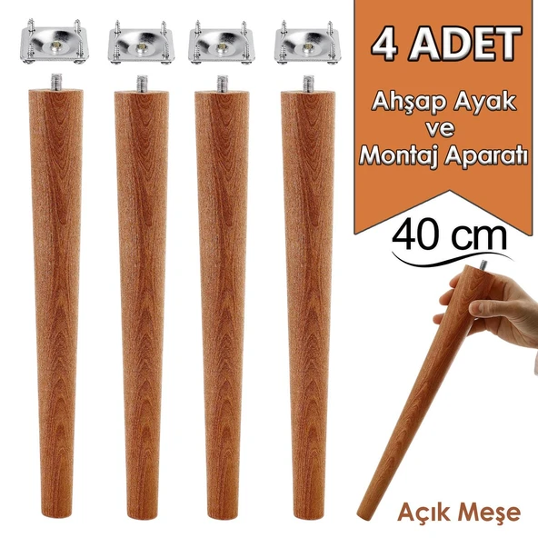 4 Adet Ahşap Ayak 40 Cm Açık Meşe M8 Civatalı Bağlantı Aparatlı Mobilya Tabure Sehpa Masa Destek Ayağı ürün görseli