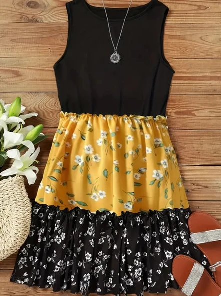 Kadın Askılı Yuvarlak Yaka çiçek Baskılı Salaş Süprem Elbise - Resim 2