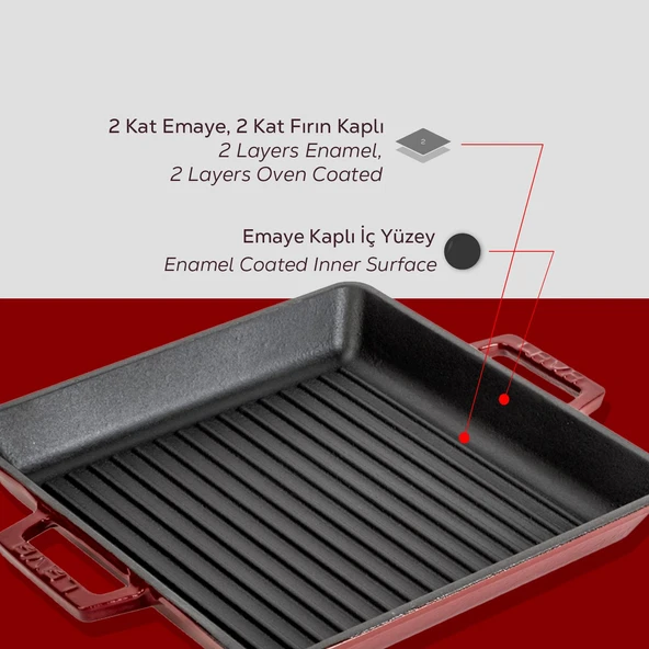 Lava Döküm Kare Izgara Tavası Döküm Demir Yekpare Çift Kulplu Ölçü 26x26cm.-Bordo - Resim 6