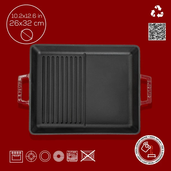 Lava Döküm Dikdörtgen Hibrit Izgara Tavası Döküm Demir Yekpare Çift Kulplu Ölçü 26x32cm.-Bordo - Resim 4