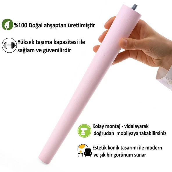 4 Adet Ahşap Ayak 40 Cm Açık Pembe M8 Civatalı Bağlantı Aparatlı Mobilya Tabure Sehpa Masa Destek Ayağı - Resim 3