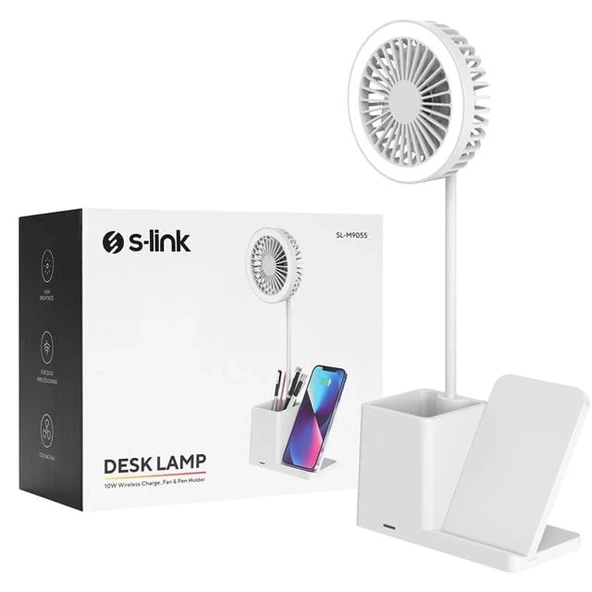 S-link SL-M9055 10 Watt Kablosuz Şarj İstasyonlu Fanlı Kalemlikli Masa Lambası (Beyaz) - 4