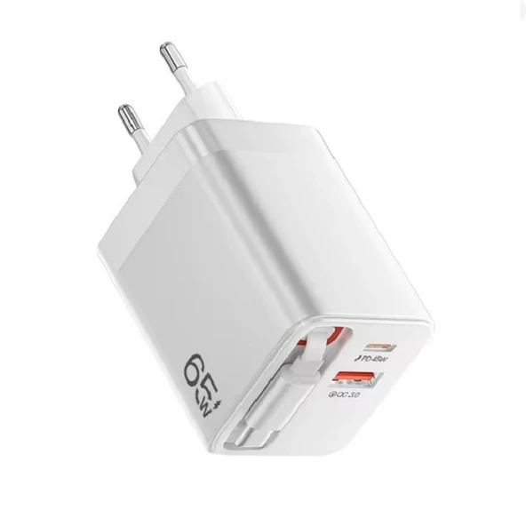 ScHitec 65W Type-C 60cm Kablolu UsbA ve PD Çıkışlı Süper Hızlı Şarj Aleti Başlığı Beyaz YK83