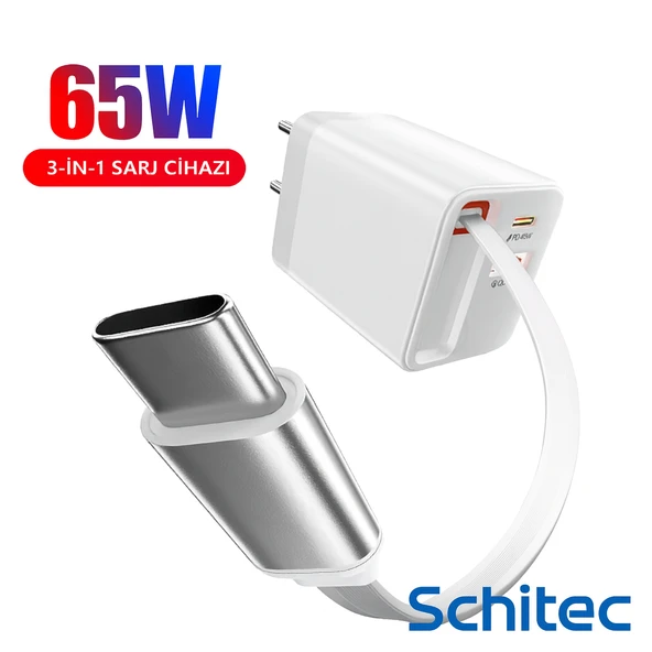 ScHitec 65W Type-C 60cm Kablolu UsbA ve PD Çıkışlı Süper Hızlı Şarj Aleti Başlığı Beyaz YK83 - 3