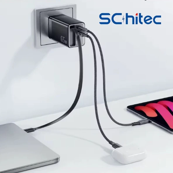 ScHitec 65W Type-C 60cm Kablolu UsbA ve PD Çıkışlı Süper Hızlı Şarj Aleti Başlığı Beyaz YK83 - 7