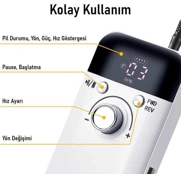 Valkyrie Profesyonel Şarjlı Tırnak Frezesi 45.000 RPM, LCD, 2000 mAh Taşınabilir Manikür Pedikür Makinesi - 6