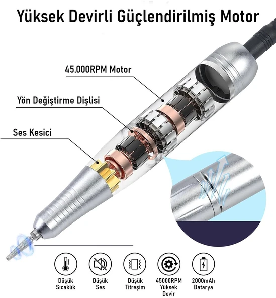 Valkyrie Profesyonel Şarjlı Tırnak Frezesi 45.000 RPM, LCD, 2000 mAh Taşınabilir Manikür Pedikür Makinesi - 2