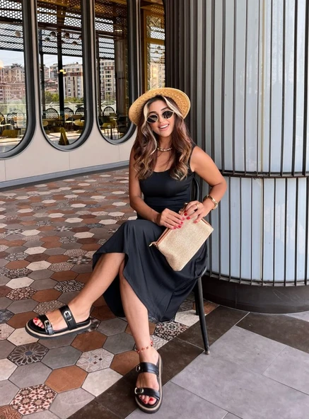 Kadın Askılı Kare Yakalı Midi Ithal Krep Elbise - Resim 2