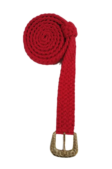 Kırmızı Gold Metal Tokalı Elbise Pantolon Etek Bluz Dik Duruşlu El Örgüsü Örgü Kemer