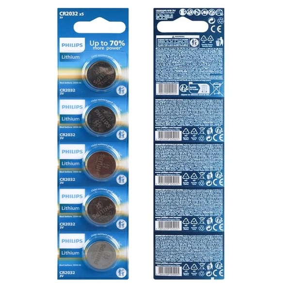 Philips CR2032 3V Lityum Mini Düğme Para Pil (Blister 5'LI Paket) ürün görseli