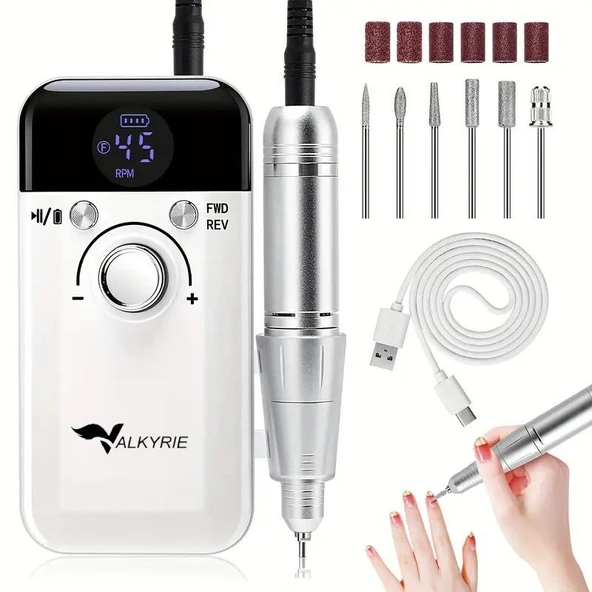 Valkyrie Profesyonel Şarjlı Tırnak Frezesi 45.000 RPM, LCD, 2000 mAh Taşınabilir Manikür Pedikür Makinesi