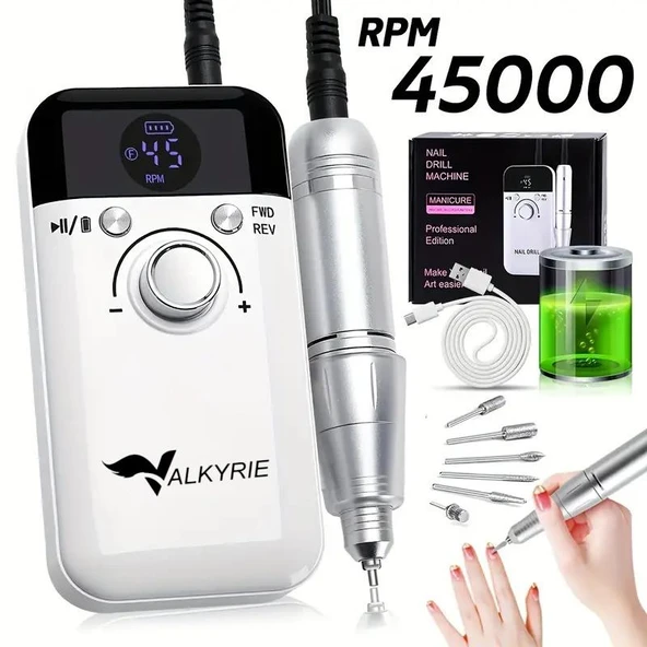Valkyrie Profesyonel Şarjlı Tırnak Frezesi 45.000 RPM, LCD, 2000 mAh Taşınabilir Manikür Pedikür Makinesi - 8