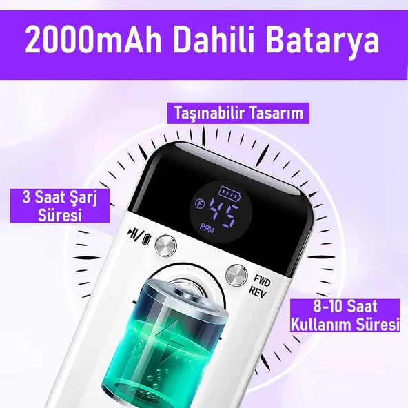 Valkyrie Profesyonel Şarjlı Tırnak Frezesi 45.000 RPM, LCD, 2000 mAh Taşınabilir Manikür Pedikür Makinesi - 5