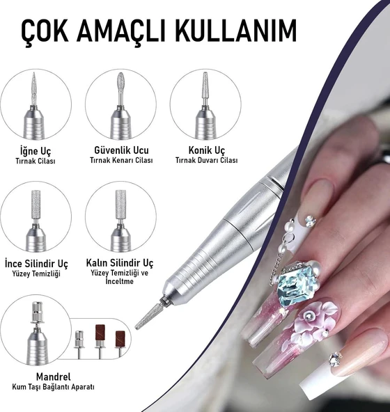 Valkyrie Profesyonel Şarjlı Tırnak Frezesi 45.000 RPM, LCD, 2000 mAh Taşınabilir Manikür Pedikür Makinesi - 4