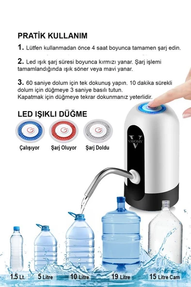 Vayomy Şarjlı Otomatik Damacana Su Pompası Tek Motorlu (Bpa Içermez ,ce Belgelidir) - Resim 3