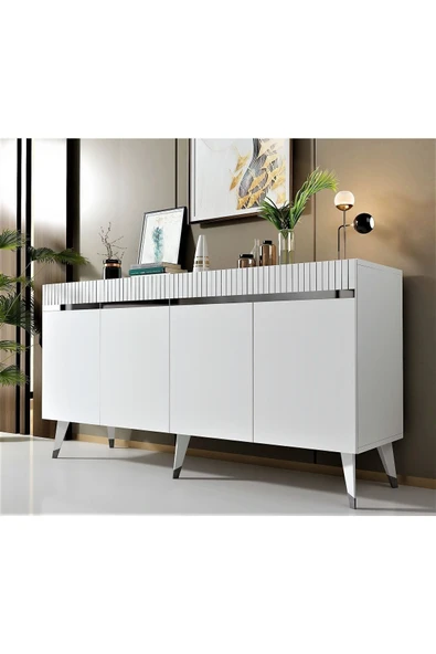 cantek dizayn Dört Kapaklı Lazer Desenli Defne Konsol Beyaz-gümüş - Resim 2