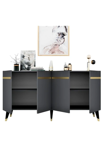 cantek dizayn Dört Kapaklı Lazer Desenli Defne Konsol Antrasit-altın - Resim 5