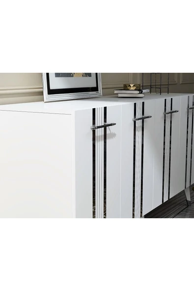 cantek dizayn Dört Kapaklı Gümüş Kulp Beyaz Ayaklı Asel Konsol Beyaz-gümüş - Resim 4