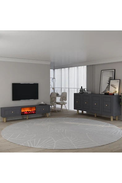 cantek dizayn Darioct Bohem Konsol (KB150), Bohem Şömineli (A) Tv Sehpası 2 Li Salon Takımı Antrasit-antrasit ürün görseli